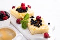 Cottage cheese casserole with berries. ÃÂ¡urd pie. ÃÂ¡heesecake and coffee Royalty Free Stock Photo